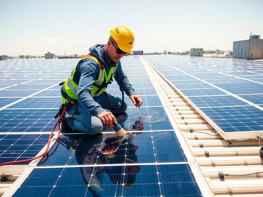 Técnico especializado realizando mantenimiento de paneles solares industriales
